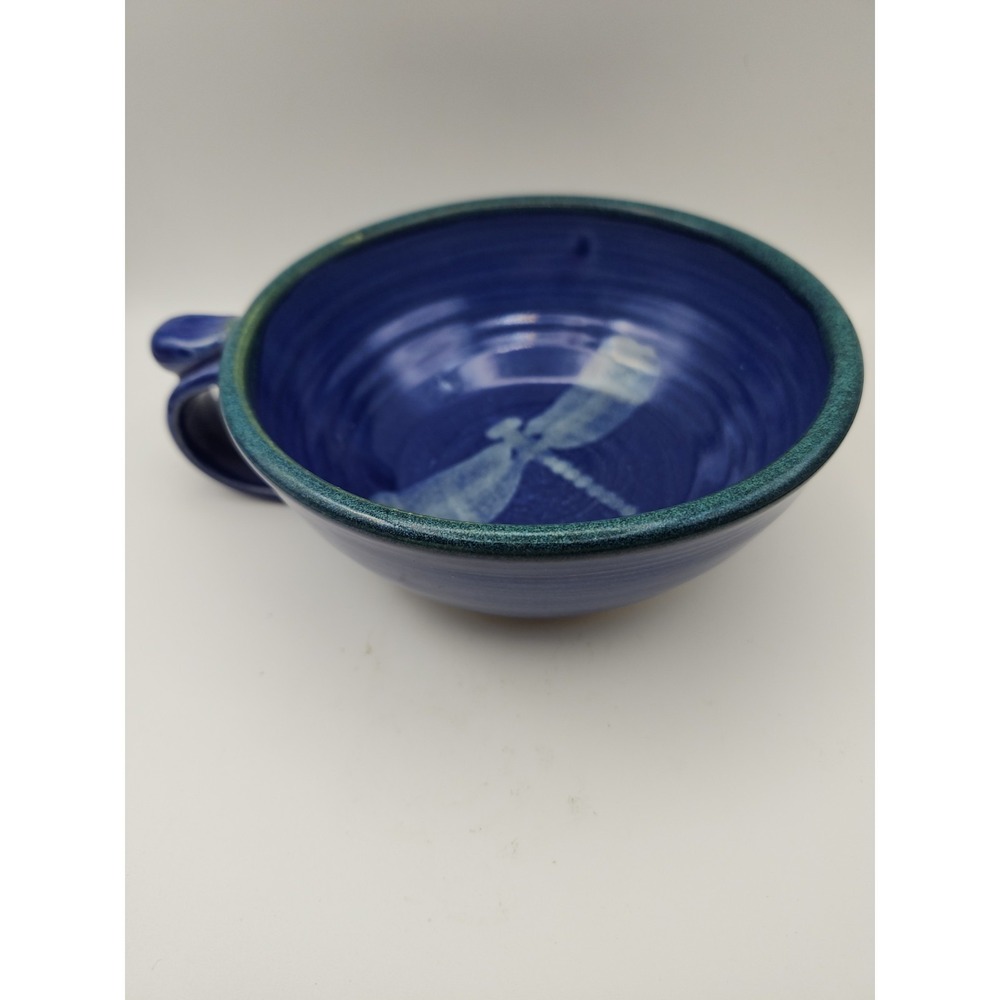 Stoneware Cobalt Blue Bowl With Dragonfly and Handle. Artist Signed J. POPE